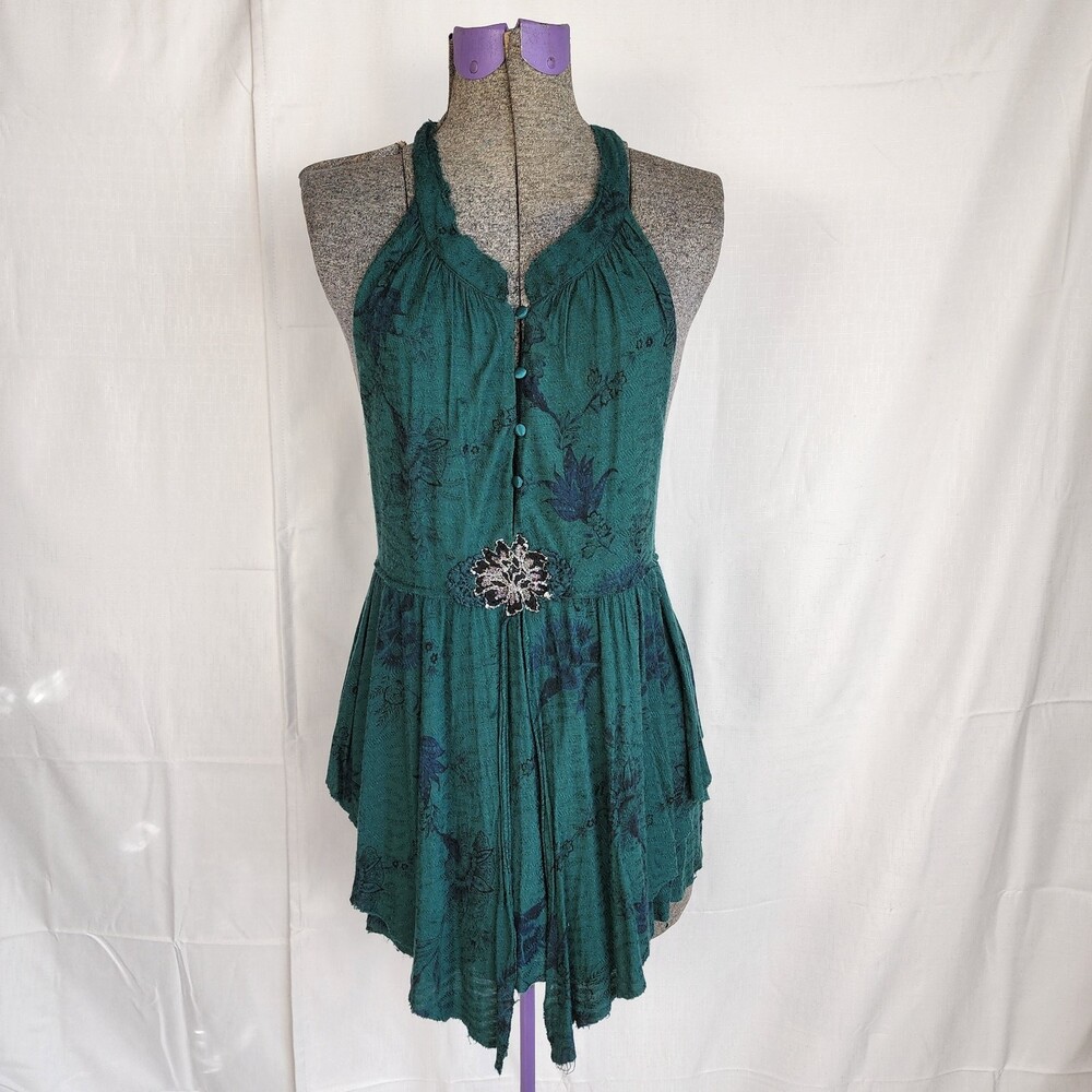 Free People Y2K 2000s Green Floral Open Back Halter Asymmetric Top Size M